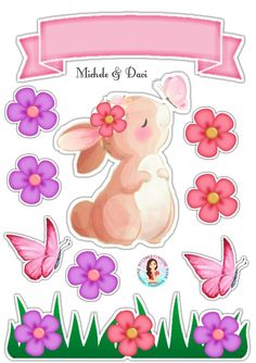 a pink and purple sticker with flowers, butterflies and a bunny in the center