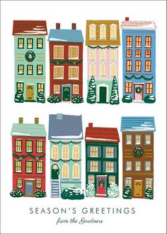 the season's greetings card features houses and wreaths in different colors, from green to red