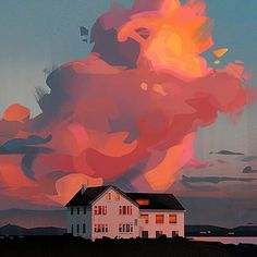 an abstract painting of a house and clouds