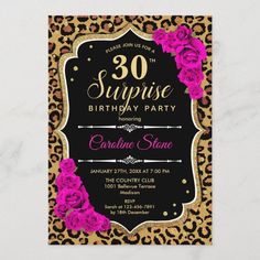 leopard print birthday party with pink roses on the front and black background, in gold foil