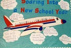 a blue and white poster with an airplane in the sky on it that says soaring into a new school year