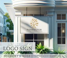 a sign that reads logo sign in front of a building with palm trees and windows