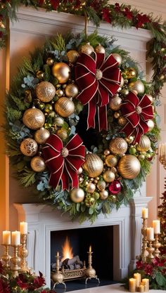 a christmas wreath is hanging on the wall next to a fireplace with candles and decorations