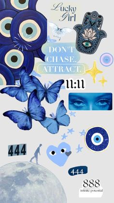 a poster with blue and white images on it's side, including the words don't chase attract