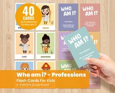 a person holding up a card with the words who am i? professions on it