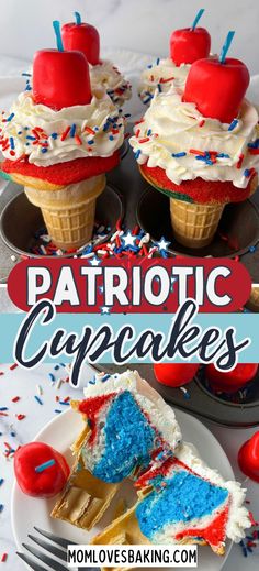 patriotic cupcakes with red, white and blue frosting are on a plate