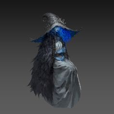 a drawing of a woman with blue feathers on her head and dress, standing in front of a dark background