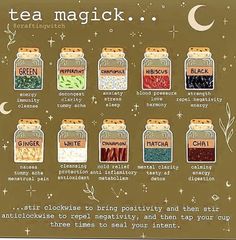 a poster with different types of teas in glass jars and the words tea magick written on them