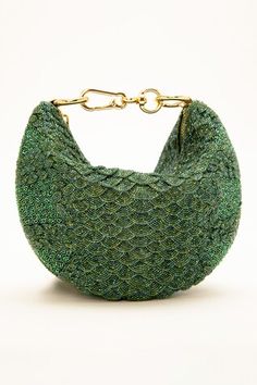 Sage green bag with Japanese bugle beads hand embroidery in scallop pattern. Comes along with a detachable chain strap. - Aza Fashions Green Evening Bags With Chain Strap, Green Clutch Evening Bag, Elegant Green Bag, Elegant Green Evening Bag, Party Green Shoulder Bag With Removable Pouch, Green Handheld Clutch With Detachable Handle, Green Pouch Clutch With Detachable Handle, Green Handheld Evening Bag With Removable Pouch, Embellished Green Evening Shoulder Bag