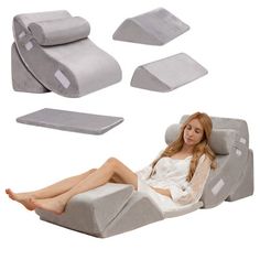 a woman sitting on a reclining chair next to pillows and pillow pad set up