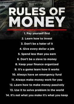 a poster with the rules of money written in red and white on it, along with an image of stacks of cash