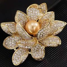 Handmade Rhinestone Lotus Brooch Pin Faux Pearl  2" x 1  3/4" Nurses Office, Office Staff, Scarf Rings, Gold Collar, Brooch Jewelry, Pearl Brooch, Watches Women Fashion, Belt Clip, Clear Vinyl