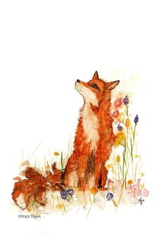 a watercolor painting of a fox sitting on the ground with flowers in front of it