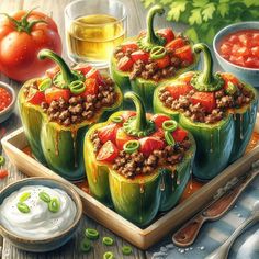 an oil painting of green peppers with meat and tomatoes in the middle on a tray