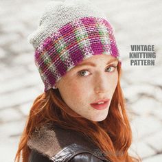 a woman with red hair wearing a knitted hat and leather jacket, looking at the camera