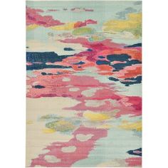 an abstract rug with pink, yellow and blue colors on the bottom half of it