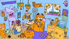 an image of a cartoon cat family in the living room with cats on the floor