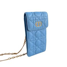 Christian Dior Grained Calfskin Cannage Caro Phone Pouch Holder Cornflower Brand: Christian Dior Material: Leather Color: Blue Gold Hardware It Features Cd Signature Flap, Rear Pocket, And A Removable Chain With Cd Chain Links. The Flap Opens To Leather Interior With Card Slots Measurements: 4"W X 7"H X 1"D 20" Strap Drop Condition: Brand New With Tags Dior Caro Macrocannage Pouch, Designer Purses, Chain Links, Phone Pouch, Purses Designer, Leather Interior, 7 H, Dior Bag, Blue Gold