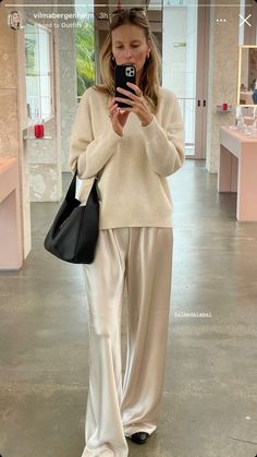 Satin Flats Outfit, Champagne Satin Pants Outfit, Chic Lazy Day Outfits, Elegant Lazy Outfit, Ysl Casual Outfit, Classy Lazy Outfits, Wide Satin Pants Outfit, White Silk Pants Outfit, White Satin Pants Outfit