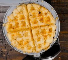 an overhead view of a waffle pie on a toaster