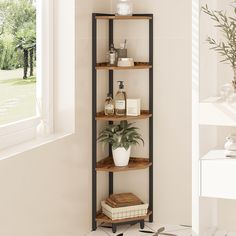 a corner shelf in the corner of a room with a potted plant on it