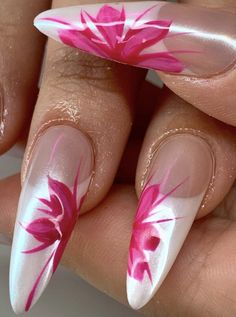 Pearl French Tip Nails, Pearl French Tip, Tip Nails Almond, Floral Spring Nails, French Tip Nails Almond, Orchid Nails, Kylie Nails, Almond Shaped Nails, Nails Floral