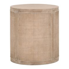 a round wooden table with a beige fabric covering on the top and bottom, against a white background