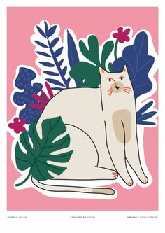 a white cat sitting on top of a pink background surrounded by plants and leaves,