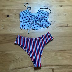 High Waisted Striped Bottoms! And Flowy Stars Top! Never Worn! Star Print Swimwear For Beach Season Vacation, Blue American Flag Print Swimwear For Summer, Fitted Star Print Swimwear For Vacation, Star Print Swimwear For Pool In Summer, Fitted Star Print Swimwear For Beach Season, Star Print Swimwear For Poolside Summer, 4th Of July Blue Swimwear With American Flag Print, Patriotic Red Swimwear With American Flag Print, American Flag Print Blue Swimwear