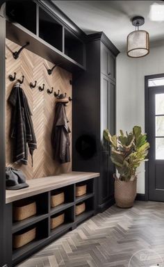 a coat rack with two coats hanging on it next to a potted plant and door