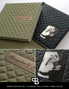 the wedding album is decorated with black and white photos