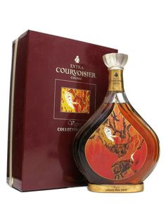 a bottle of courvoisier and its box on a white background in front of it