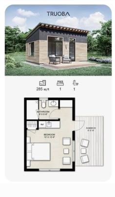 the floor plan for a tiny house with an attached bathroom and living room, as well as