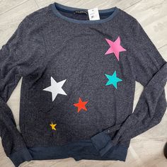 Wild Fox Brand New With Tags Sweater Type Top Trendy Fall Sweatshirt With Star Print, Black Casual Sweater With Star Print, Casual Black Sweater With Star Print, Casual Black Star Print Sweater, Casual Multicolor Star Print Top, Casual Multicolor Tops With Star Print, Pink Fuzzy Sweater, Fox Brand, Clothes Upcycle