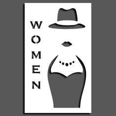 a woman wearing a hat and dress with the word women on it in black and white