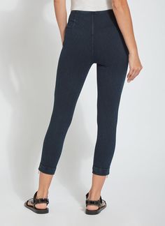 The Denim Cuffed Crop, fashioned from 4-way stretch Knit Denim, is back by popular demand. These jean cropped leggings showcase a concealed patented waistband, high-shine metal ankle zippers and stitched cuffs for permanent hold. Pull them on, in Black, with our airy Classic top and black wedges. Knit Denim: 95% Cotton, 5% Elastane Lyssé concealed patented 360 smoothing waistband 4-way stretch Body-hugging fit Inseam: 24" 10.75" rise (size M) Model is 5’10”, wearing size S Stretch Denim Pants, Leopard Print Scarf, Knit Denim, Fur Lined Boots, Flowy Blouse, Black Wedges, Women Clothing Boutique, Casual Tee, Cropped Leggings