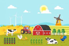 farm scene with cows, chickens and tractor