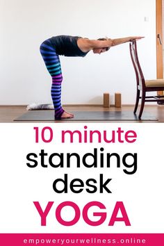 woman doing yoga with a chair with text overlay 10 minute standing desk yoga Asana Yoga Poses, Desk Yoga, Office Yoga, Yoga Movement, Yoga Pictures, Yoga Motivation, Chair Yoga, Wellness Inspiration, Standing Desks