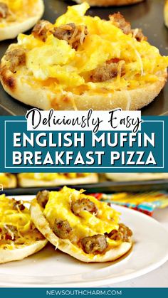 an english muffin breakfast pizza with sausage and eggs on it is ready to be eaten