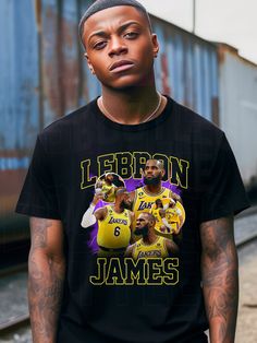 a man wearing a black shirt with the lakers team on it