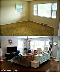 before and after pictures of a living room with carpeted floors, windows, and couches