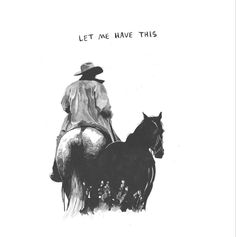 a man riding on the back of a black horse next to a white background that says, let me have this