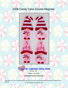 two pink and red knitted candy cane gnomes