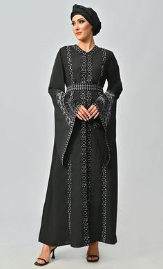 Women's Moroccan Style Abaya With Hand Embroidery And Beautiful Bell Sleeves - EastEssence.com Embroidered Embellished Floor-length Dress For Eid, Embroidered Floor-length Dress Embellished For Eid, Embellished Floor-length Embroidered Dress For Eid, Eid Embroidered Floor-length Dress, Embroidered Long Sleeve Dress For Eid, Eid Embellished Maxi Embroidered Dress, Long Sleeve Embellished Embroidered Dress For Eid, Evening Embroidered Dress For Eid, Embellished Fitted Long Abaya