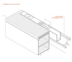 the diagram shows an office desk with shelves and cupboards