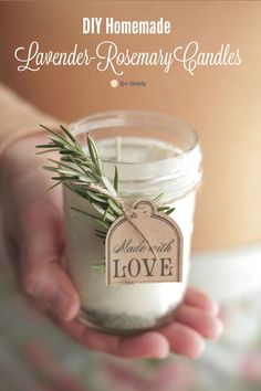 a person holding a small jar with some herbs in it and a tag that says made with love