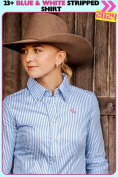 Western-inspired look with a blue and white striped shirt paired with a cowboy hat. The perfect fusion of city chic and country charm, offering a relaxed yet structured feel with subtle accessories for a polished, timeless style. Stripe Long Sleeve, Striped Long Sleeve Shirt