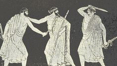 two men in ancient greek clothing holding hands with another man standing next to each other