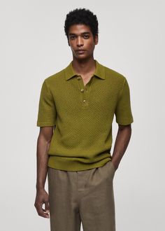 Cotton-blend fabric. Knitted braided fabric. Polo-neck with button closure. Short sleeve. Straight hem. Contrast ribbed finishes on collar, sleeves and bottom hem. The model is 6'1" and is wearing a size M. Back length 27.56 in Mango Men, Green Knit Dress, Braided Fabric, Men Polo Shirt, Knit Polo Shirt, Knit Shirt Dress, Knit Wear, Men's Day, Hipster Man