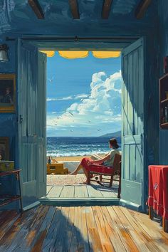 a painting of a person sitting in a chair looking out an open door at the beach